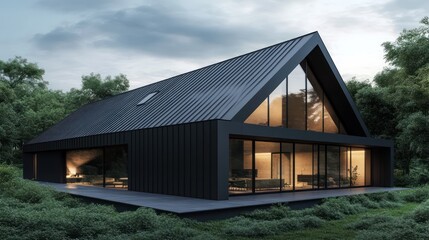 A contemporary house with a sleek black roof made of matte metal panels, expansive glass windows framing the interior, and surrounded by a lush green landscape