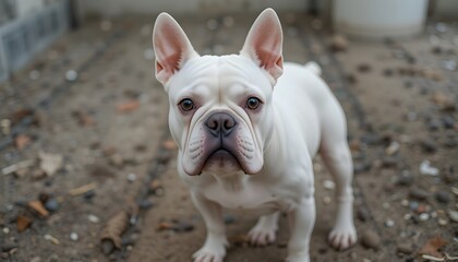 Fototapeta premium White French Bulldog Standing Outdoors Amid Leaves and Debris