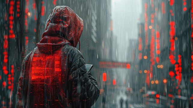 Picture of human commit crime in digital system to destroy and hack computer protection user in colorful light of cyberspace style theme. Coding for dangerous hacking technology from criminal. AIG53.