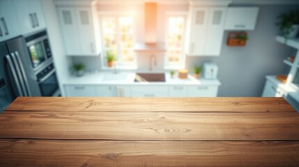 Wooden Tabletop with Blurred Modern Kitchen Background for Product Display
