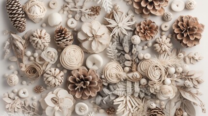 Obraz premium Cream Beige Dried Flowers and Pine Cones Flatlay