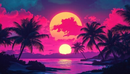Obraz premium The tropical beach sunset features palm trees and vibrant colors