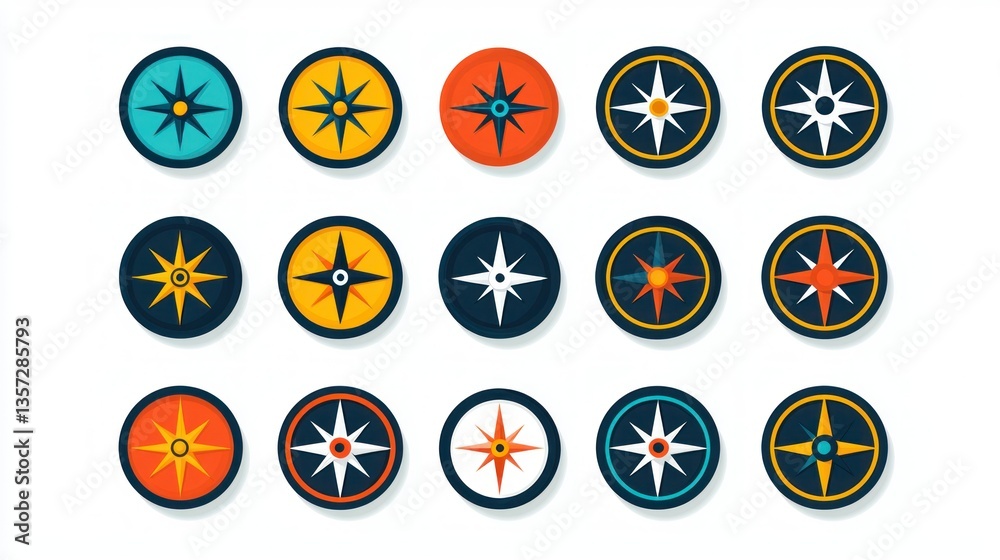 Poster a set of stylized compass icons in flat design, displayed on a white background.