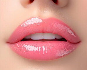 Fototapeta premium A close-up of glossy pink lips showcasing beauty, perfect for cosmetic themes and makeup advertisements.