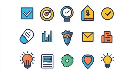 A simple and clean marketing icon set for digital applications, including SEO, branding, and analytics icons. 