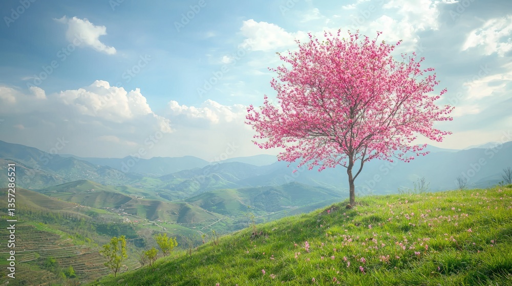 Poster a single cherry tree standing on a hilltop, with a panoramic view of the valley below.
