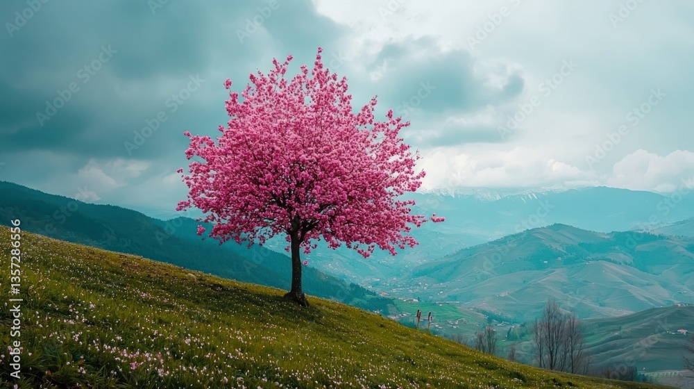 Poster a single cherry tree standing on a hilltop, with a panoramic view of the valley below.