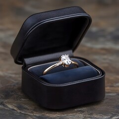 Oval diamond ring in black box on stone, proposal, jewelry advertising