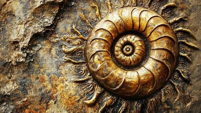 Intricate golden spiral shell sculpture displayed against a textured stone background in a museum setting