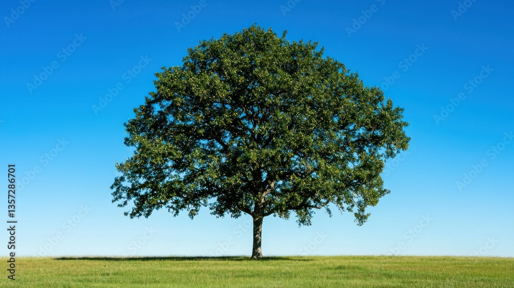 Aufkleber A single oak tree standing tall in a vast open field under a clear blue sky. 