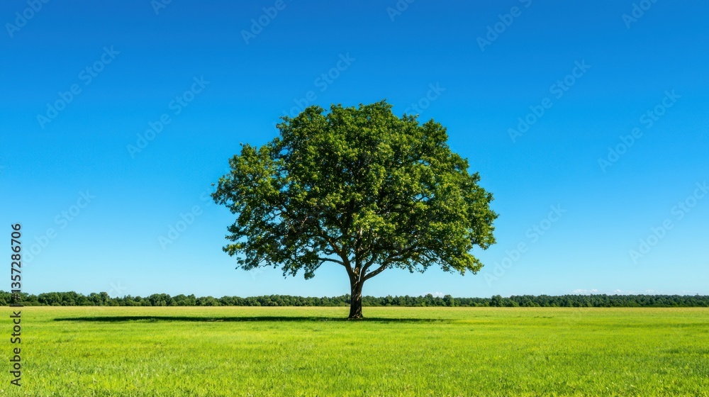 Poster A single oak tree standing tall in a vast open field under a clear blue sky. 