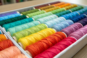 A vibrant array of sewing threads in various colors, neatly organized in a tray, showcasing a spectrum of hues perfect for crafting projects.