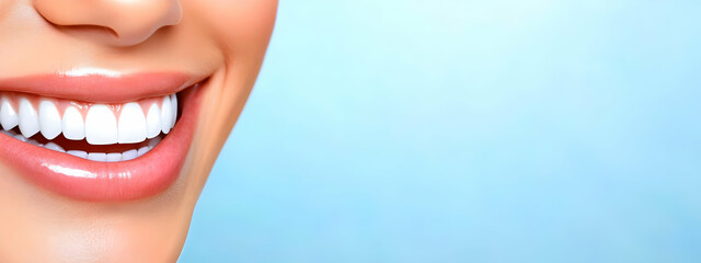 Fototapeta premium A close-up shot of a bright smile against a soft blue background, radiating joy and positivity. Perfect for health and happiness themes.