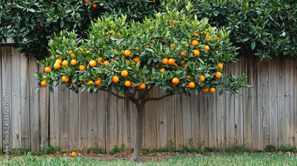 Poster a single orange tree growing in a backyard, surrounded by a fence.