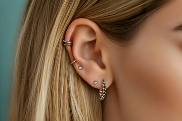 A close-up view of an elegant ear adorned with multiple stylish earrings, showcasing unique designs and a modern aesthetic.