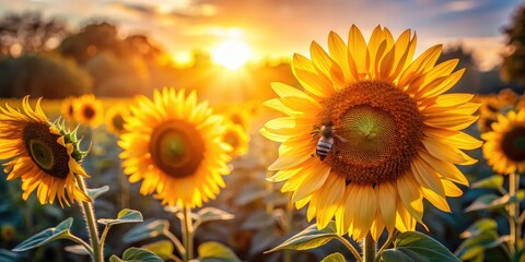 Obraz premium Stunning Sunflowers & Busy Bees: Vibrant Summer Field Photo - High-Resolution Image