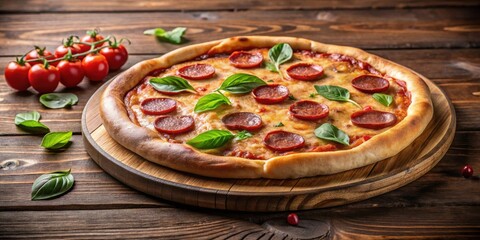 A Delicious Pepperoni Pizza on a Wooden Board with Fresh Basil and Cherry Tomatoes