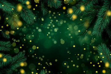 Fototapeta premium Close-Up of Pine Tree Branches with Lights and Green Bokeh Background
