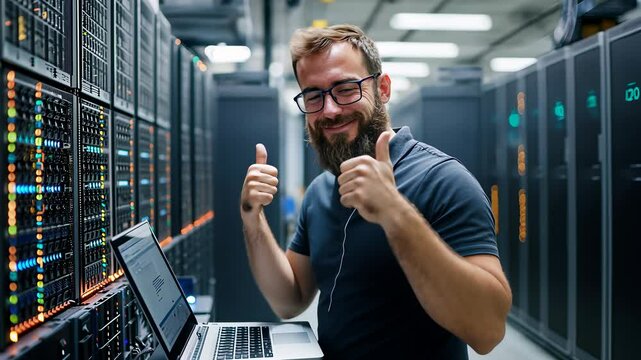 IT technician performs maintenance in modern server room while smiling and giving a thumbs up for successful troubleshooting