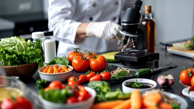 A scientist explores fresh vegetables under a microscope, merging nutrition with research insights