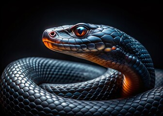 Fototapeta premium Mysterious Black Snake Portrait: Close-up of a sleek, dark serpent's head and eyes.