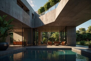 Fototapeta premium Interior Pool with Green Walkway and Modern Concrete Design | Contemporary Luxury Home _ Piscine intérieure avec passerelle verte et design en béton moderne | Maison de luxe contemporaine