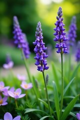 Obraz premium Beautiful lavender blooms in a serene garden setting, surrounded by lush greenery and delicate petals, blooms, summer