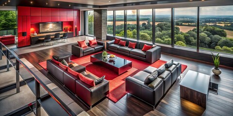 Fototapeta premium Drone View: Luxurious Red & Black Interior Design - Modern Home
