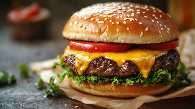 juicy cheeseburger with melted cheese symbolizes indulgence comfort and satisfaction representing modern fast food culture cravings and the joy of a delicious savory meal in vibrant appeal