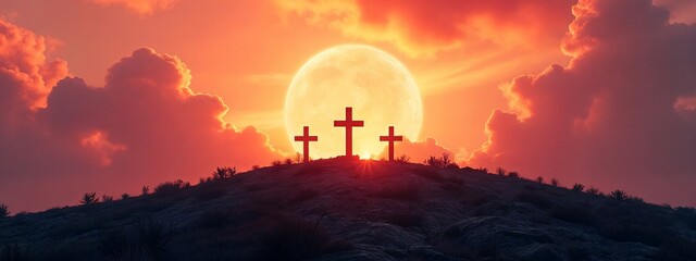 Three crosses on top of a hill with a full moon in the background.
