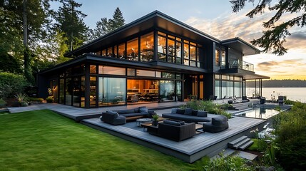 Obraz premium A contemporary house with a dark steel facade, vast windows, and a wrap-around deck with modern outdoor furniture.