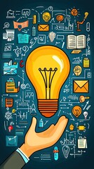 Hand holding lightbulb surrounded by business ideas