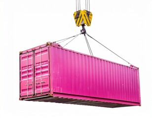 empty pink shipping container with removed side wall during transportation with crane hook isolated on transparent or white background