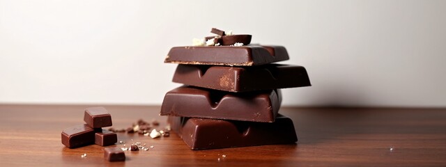 A stack of dark chocolate pieces on a wooden table.