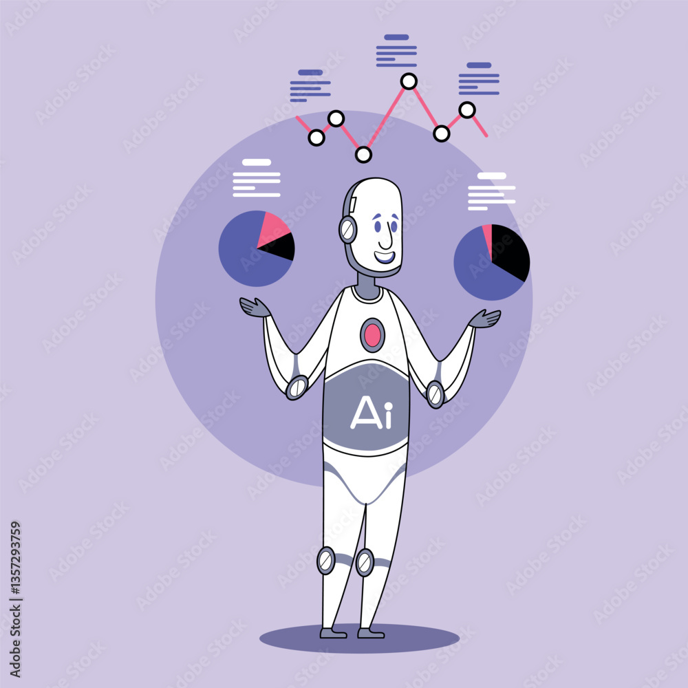 Poster humanoid robot with ai label balancing pie charts in each hand while analyzing various graphs displa