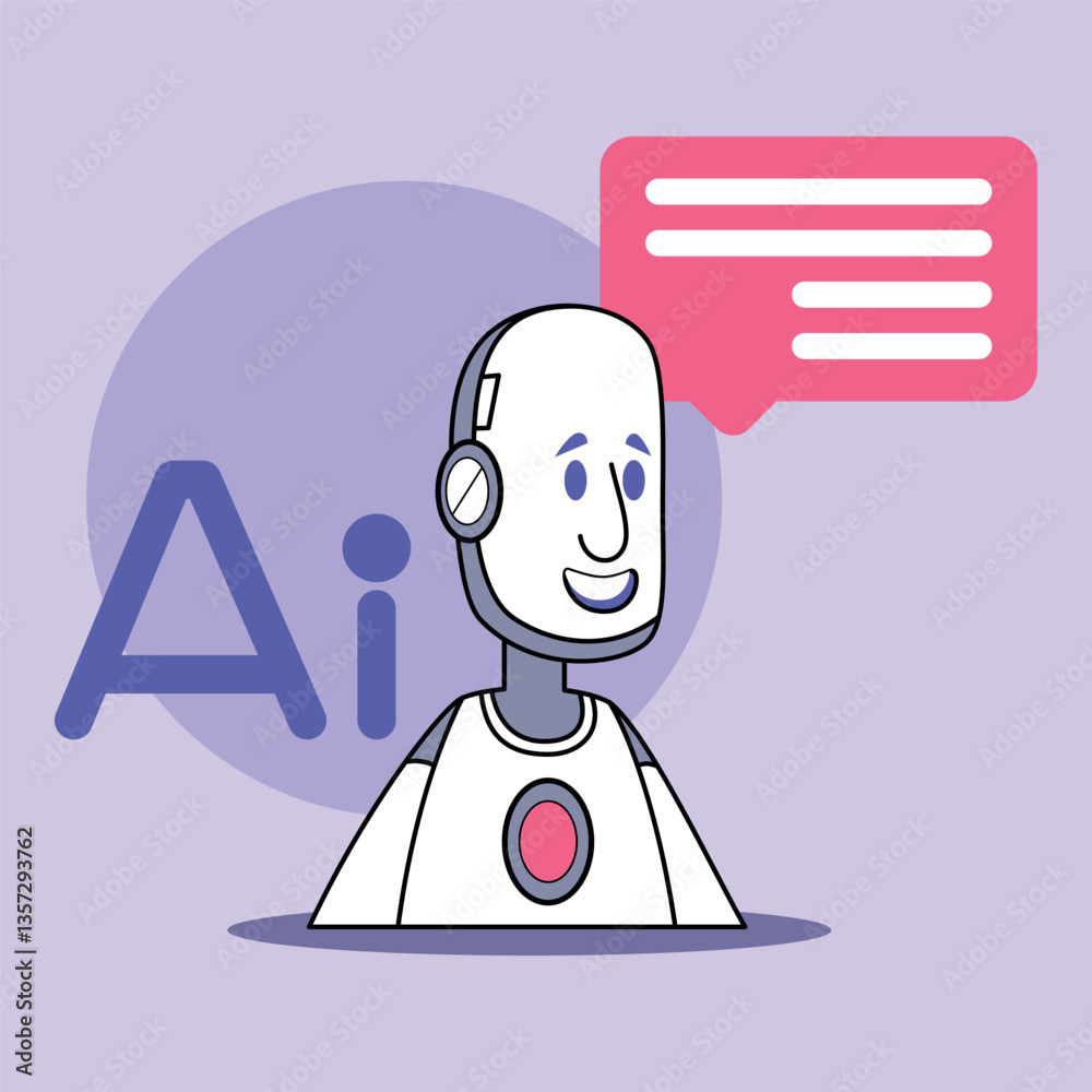 Poster friendly robot character with smiling face and speech bubble with text on purple background. communi