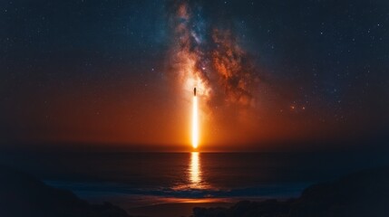 Fototapeta premium The rocket ascends into the night sky, leaving a bright trail of fire over the ocean, highlighting the power of modern aerospace technology and innovative recovery methods during launch.