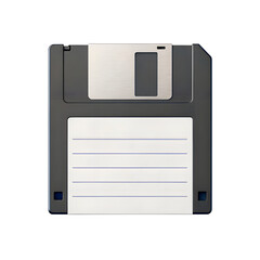 A dark floppy disk with a white label and metallic cover, symbolizing data saving or a storage medium.
