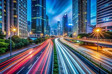 Night City Highway Speed, Light Trails, Cityscape, Long Exposure Photography