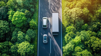 Aerial top view of car and truck driving on highway road in green forest Sustainable transport Drone view of hydrogen energy truck and electric vehicle driving on asphalt road through