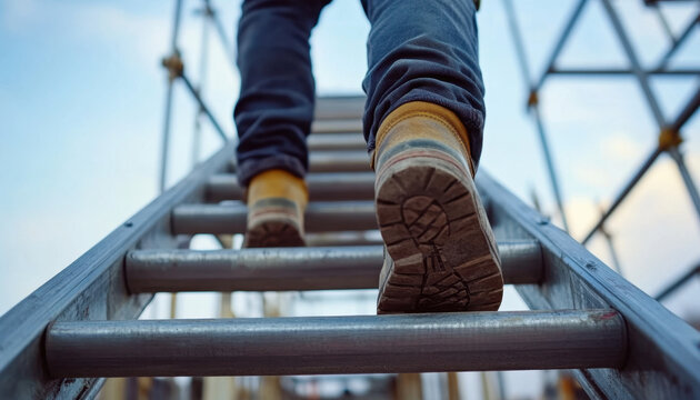 A worker wearing safety shoes ascends a ladder at a construction site, showcasing safety practices in an active working environment
