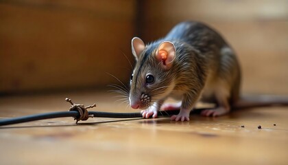  Rat near chewed electric wire on floor indoors. Pest control realistic, created with generative ai