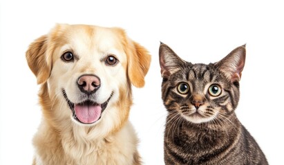 Happy dog and cat posing together against a white background, showcasing friendship and companionship