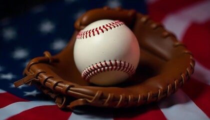  baseball in a leather glove on top of an American flag, symbolizing the American pastime of baseball, created with generative ai