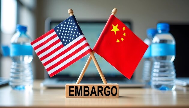 US and China flags representing embargo on a desk background  