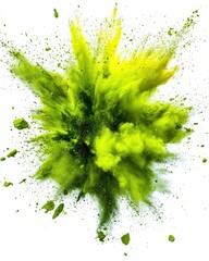 Vibrant explosion of green and yellow powder against a clean white backdrop creating a dynamic and energetic visual effect for creative projects
