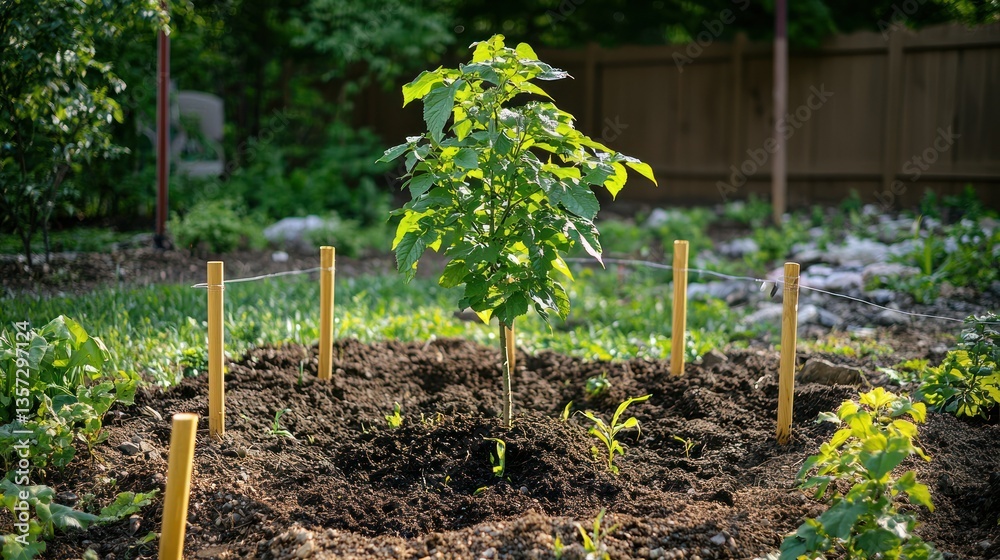 Poster a small tree surrounded by stakes and rope for support, freshly planted.