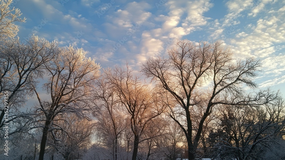 Aufkleber a snowy tree line with frost-covered branches under a cloudy winter sky