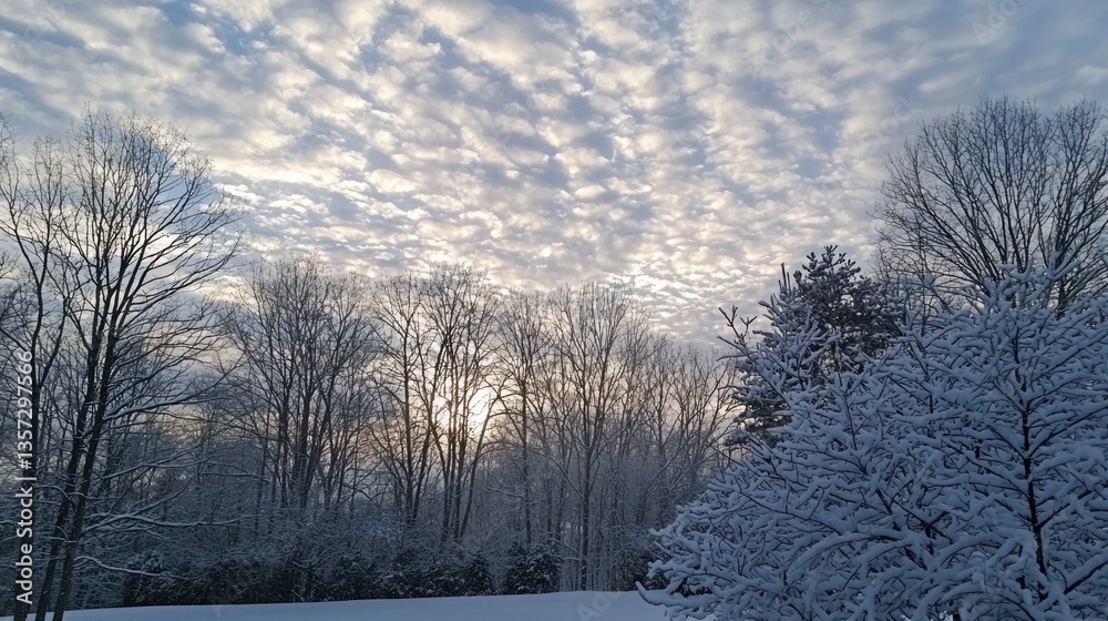 Aufkleber A snowy tree line with frost-covered branches under a cloudy winter sky 