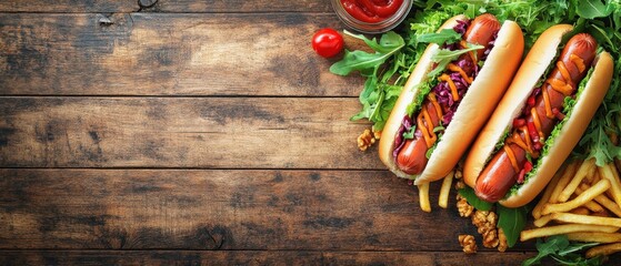 Delicious hot dogs with fresh toppings on rustic wooden table top view capturing culinary delight and appetizing presentation perfect for food photography